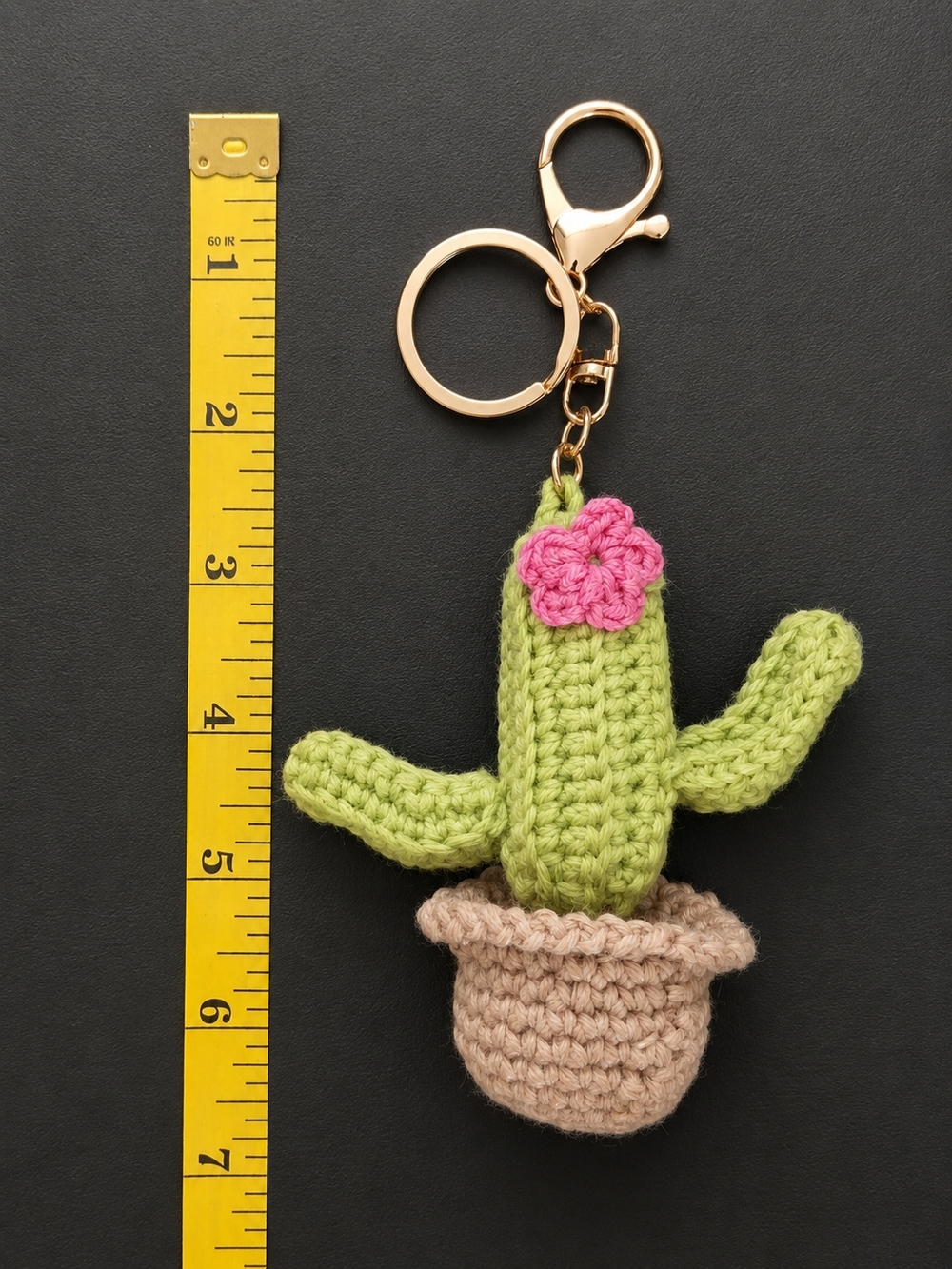 Crocheted Cactus Keychain Bag Charm with Pink Flower